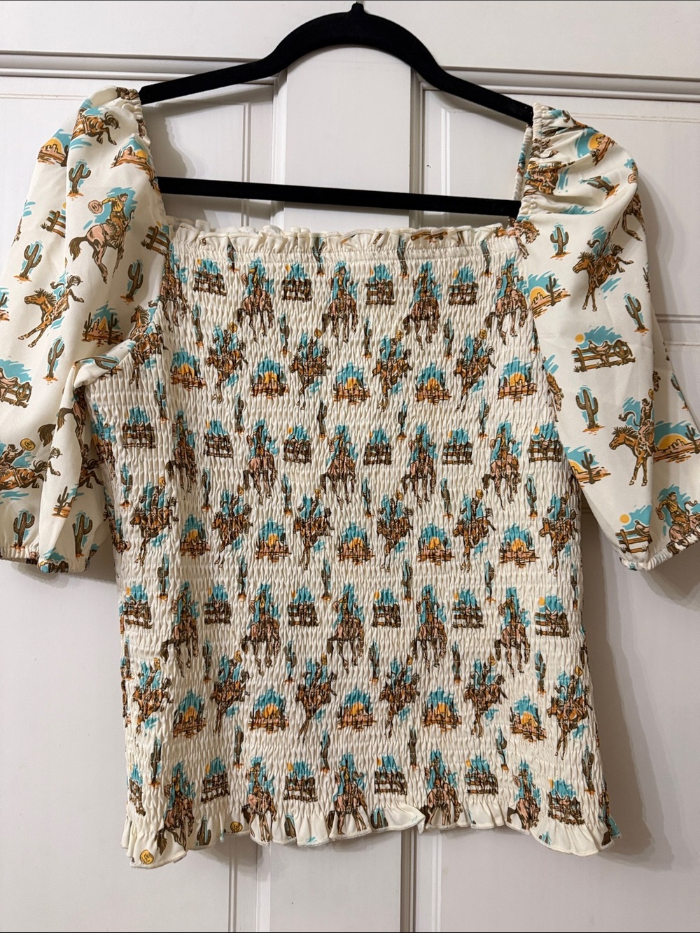Smocked Off-Shoulder Western Print Top in Cream
